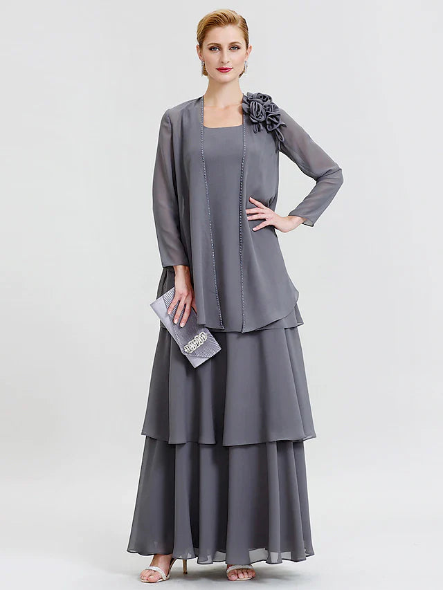 Wholesale A-Line Mother of the Bride Dress Formal Floral Convertible Dress Scoop Neck Floor Length Chiffon Long Sleeve Wrap Included with Beading Flower Tiered